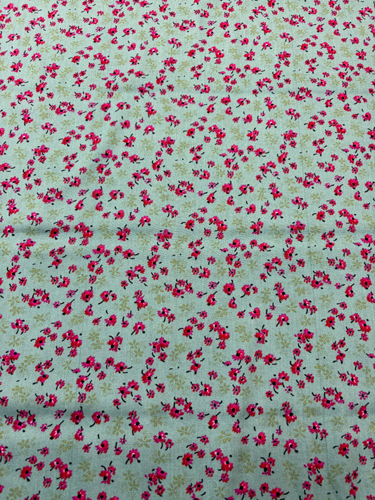 Mint and Cerise Ditsy Floral Viscose Challis Fabric (price per 25cm)