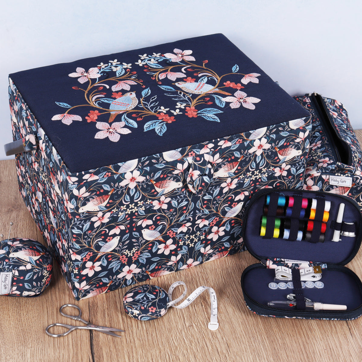 Hobby Gift Embroidered Blossom Birds Large Sewing Box