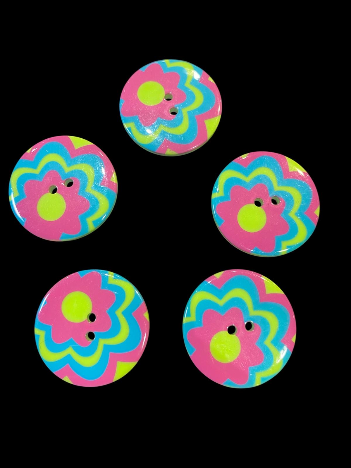 34mm Groovy Floral Pink / Blue / Green 2 Hole Button