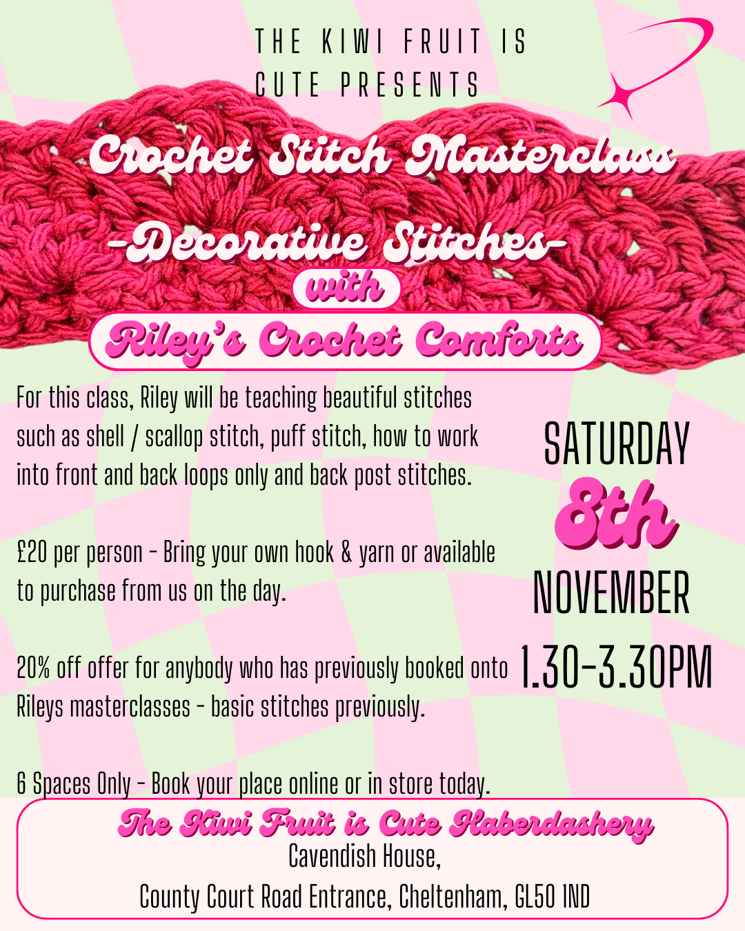 Crochet Stitch Masterclass - Decorative Stitches - 8/11/2025 1.30-3.30pm