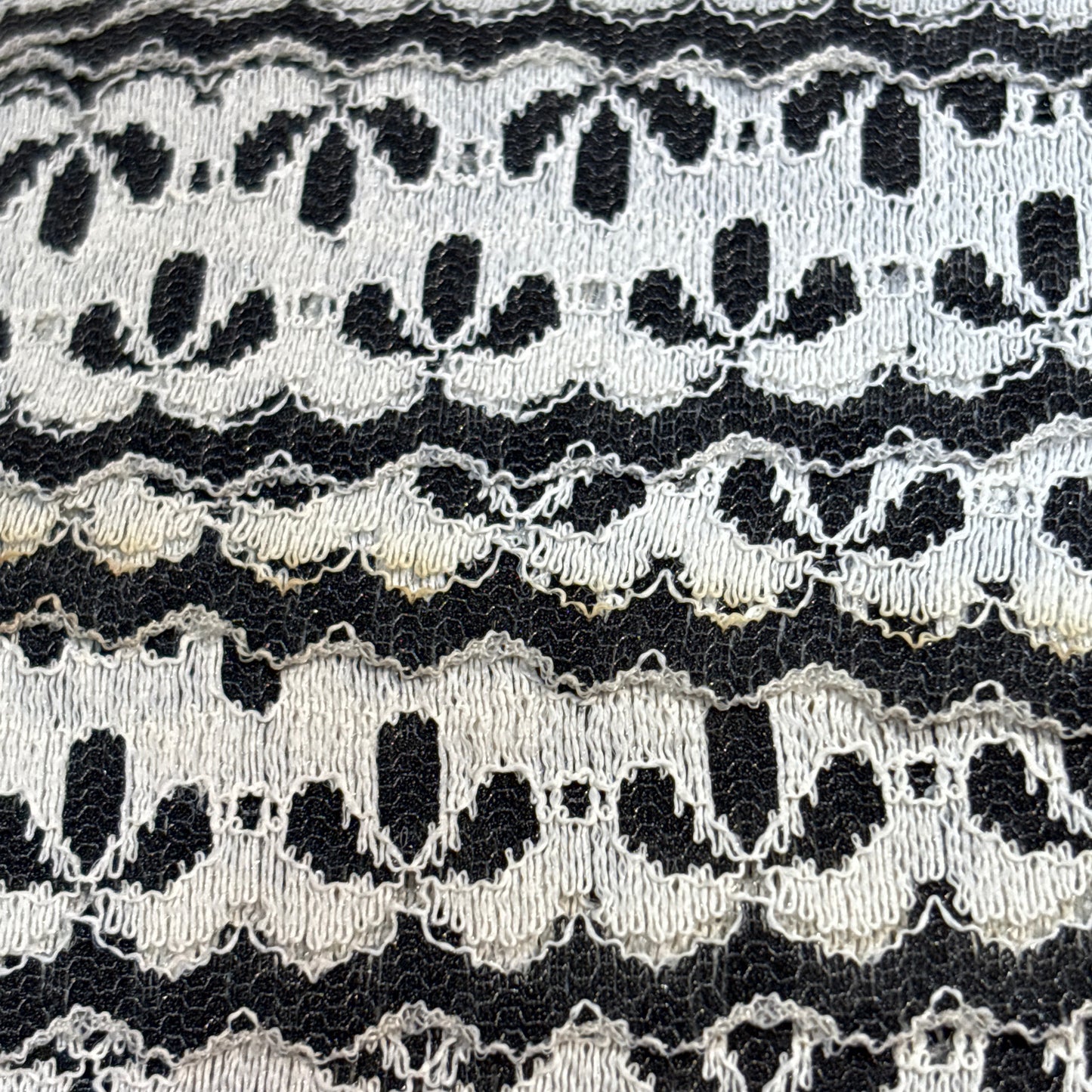Close-up of lace fabric with black and white pattern