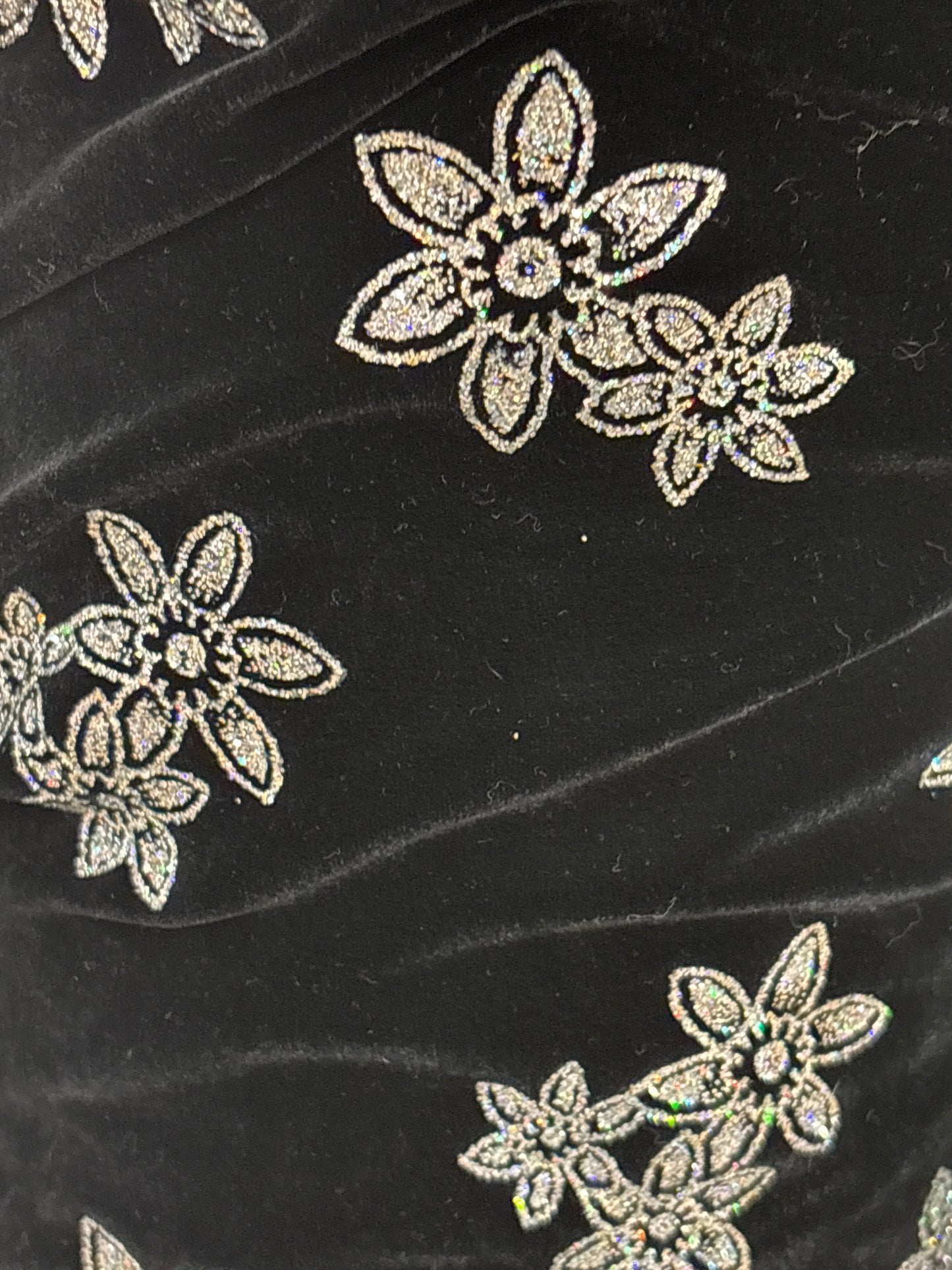 JB Black / Silver Glitter Floral Microvelvet Fabric (Price per 25cm)