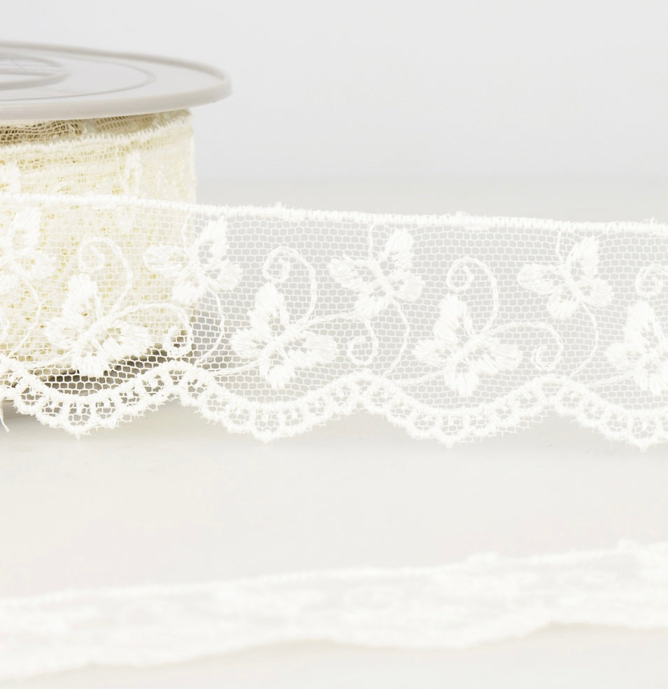 Stephanoise Butterfly Embroidered Tulle - White & Ivory (Price per 25cm)