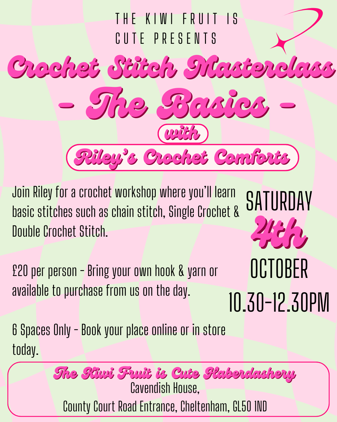 Riley's Basic Crochet Workshop - Saturday 4th October 10.20-12.30