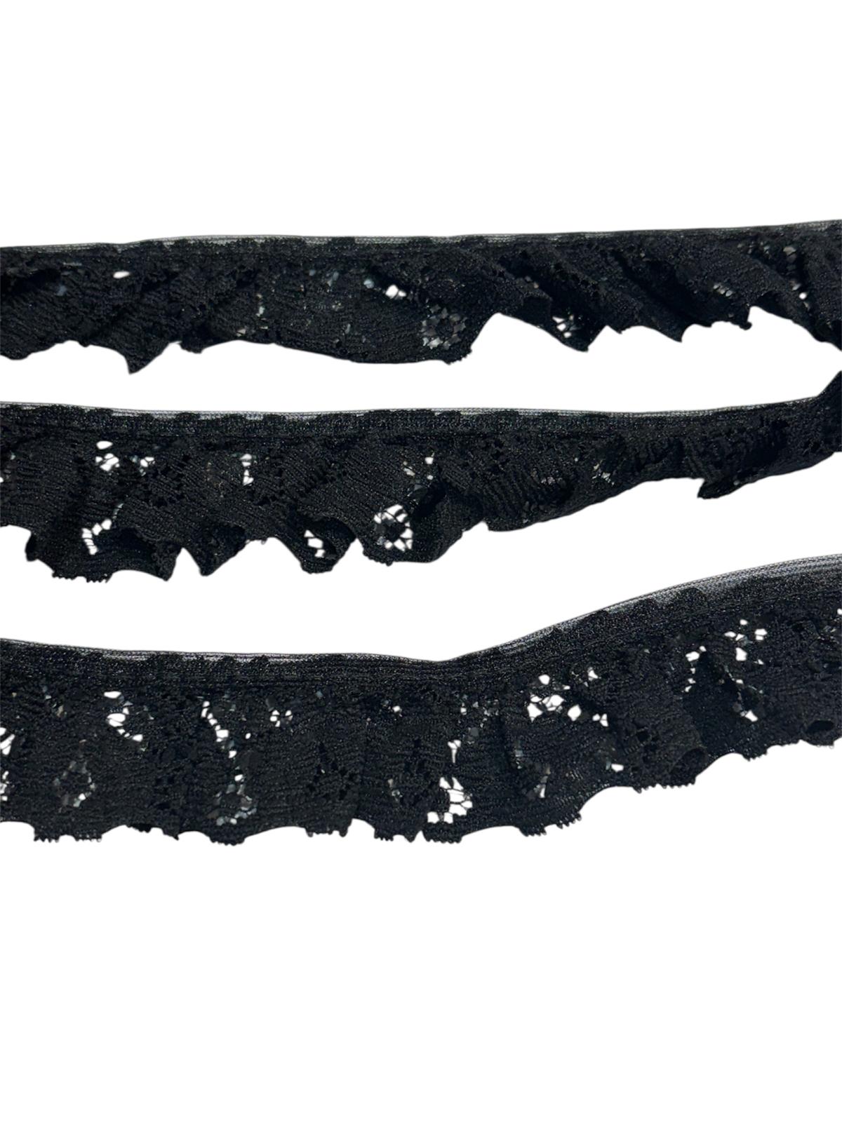 25mm Gathered Nylon Lace Trim - Black (Price per 25cm)