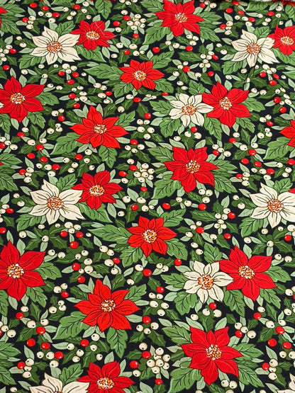 Poinsettia Flowers and Berries 100% Cotton (Priced per 25cm)