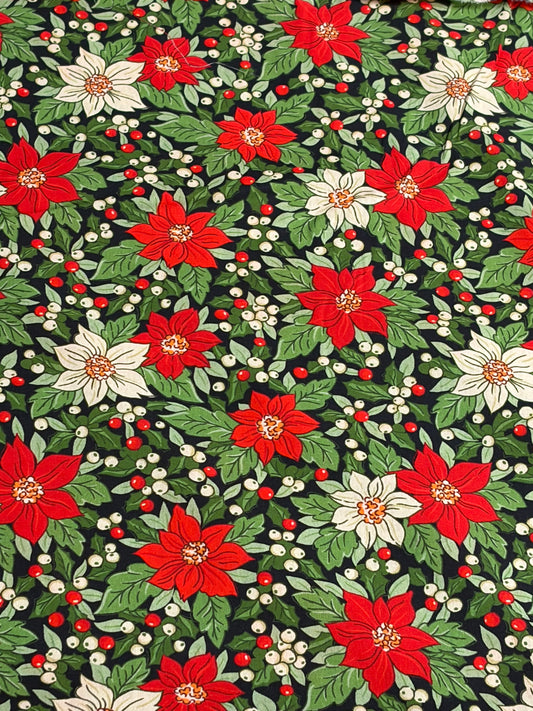 Poinsettia Flowers and Berries 100% Cotton (Priced per 25cm)