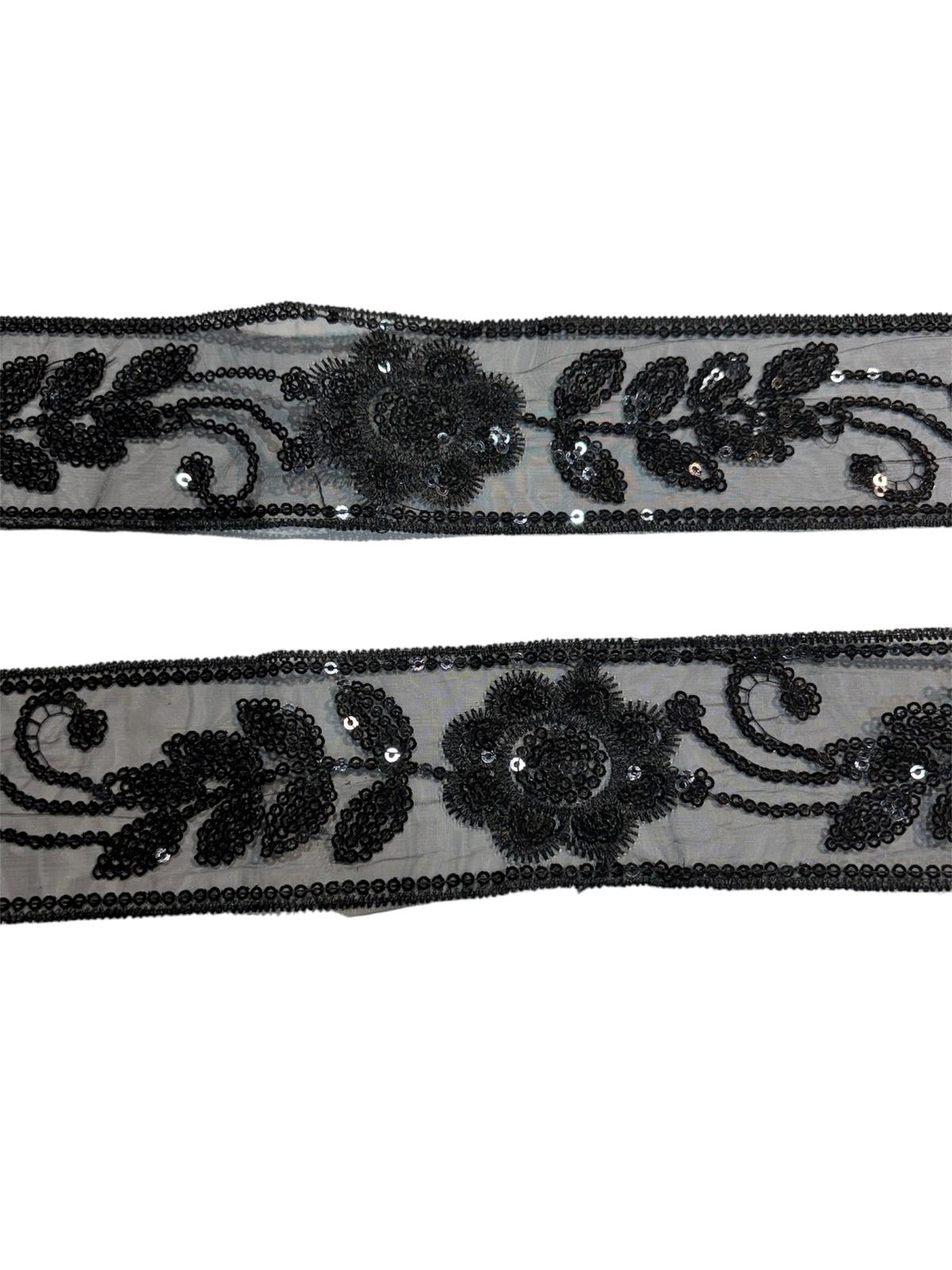 52mm Sequin Embroidered Trim - Turquoise / Black (Price per 25cm)