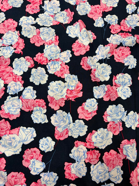 Pink and White Roses on Navy Viscose Challis Fabric (price per 25cm)