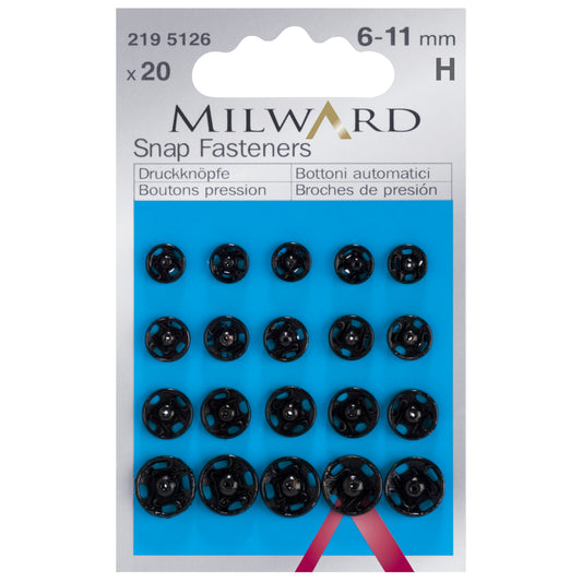 Hemline 6mm to 11mm Snap Fasteners Variety Pack - Black / Silver