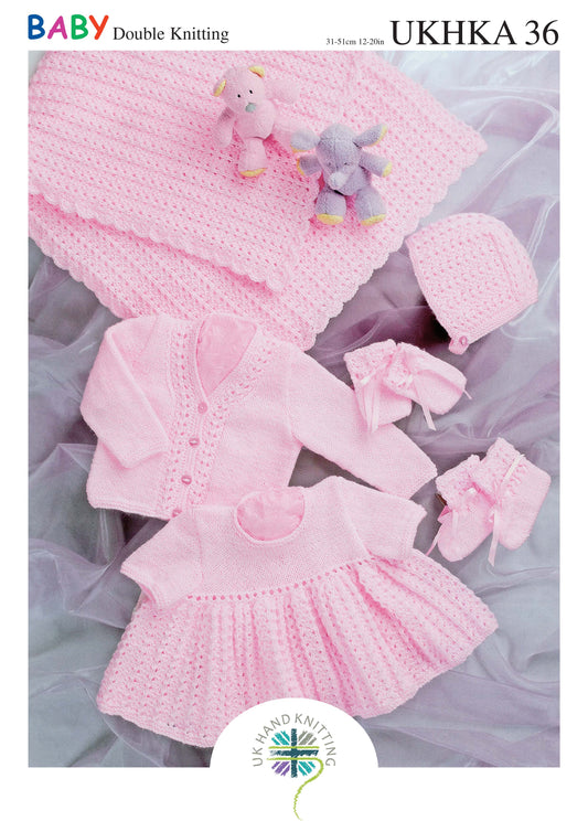 UKHKA 36 DK Knitting Pattern Shawl, Cardi, Dress, Hat, Mitts & Bootees