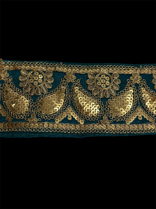 88mm Teal Silk Gold Sequin Embroidered Border Trim