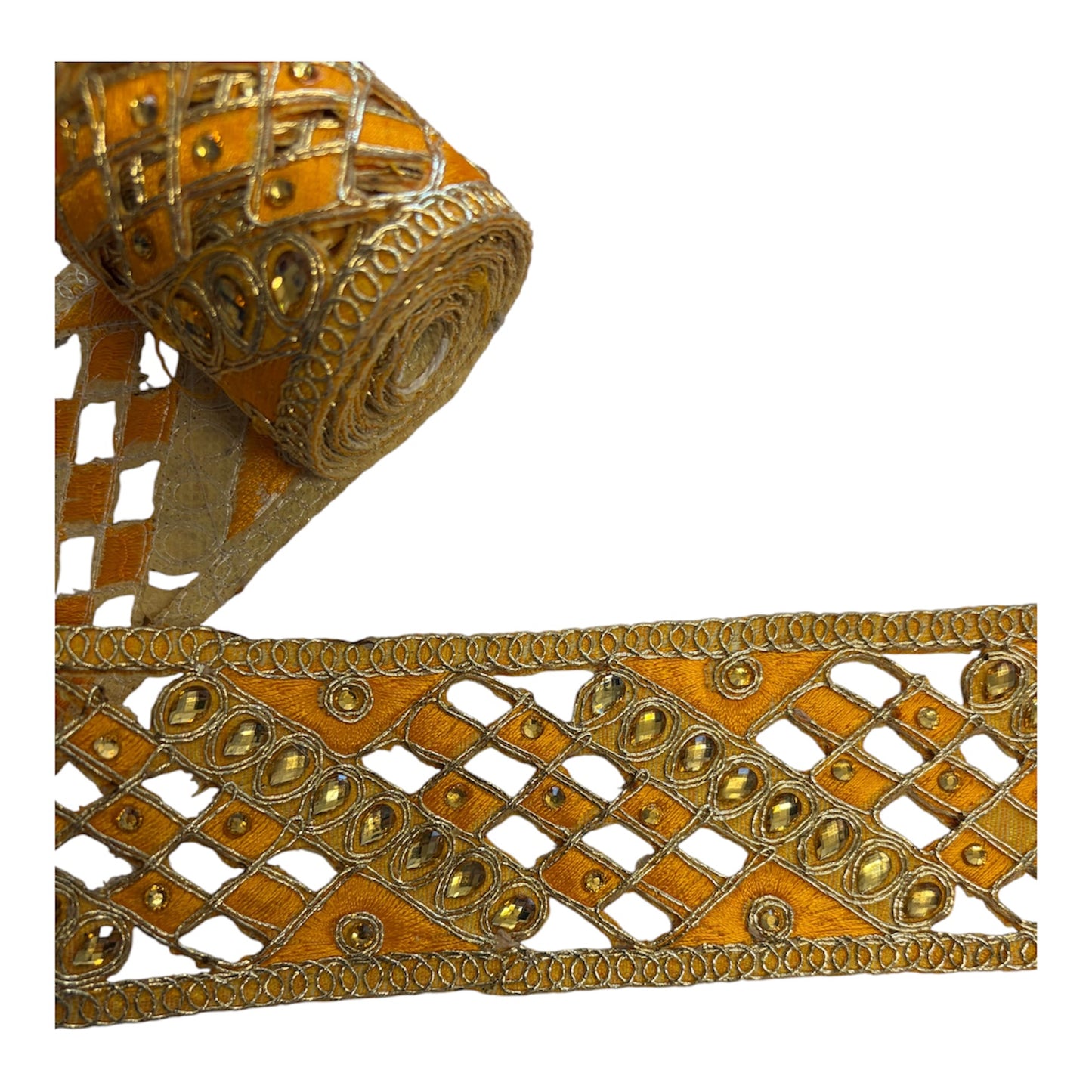 60mm Yellow Embroidered Jewelled Lattice Trim