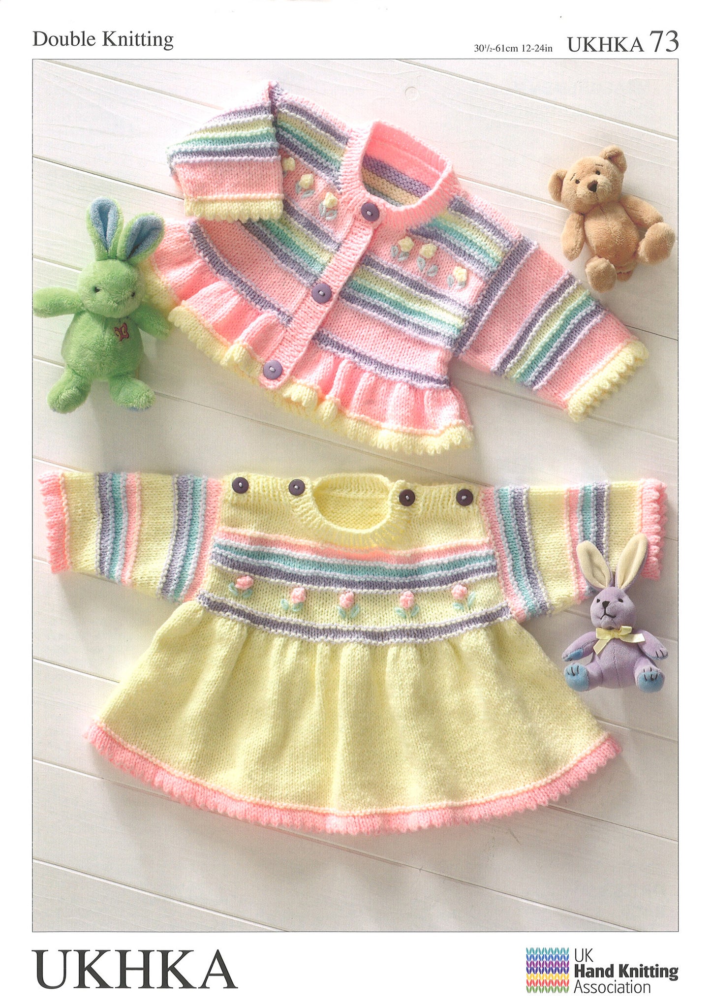 UKHKA 73 Childrens Dress & Cardigan DK Knitting Pattern