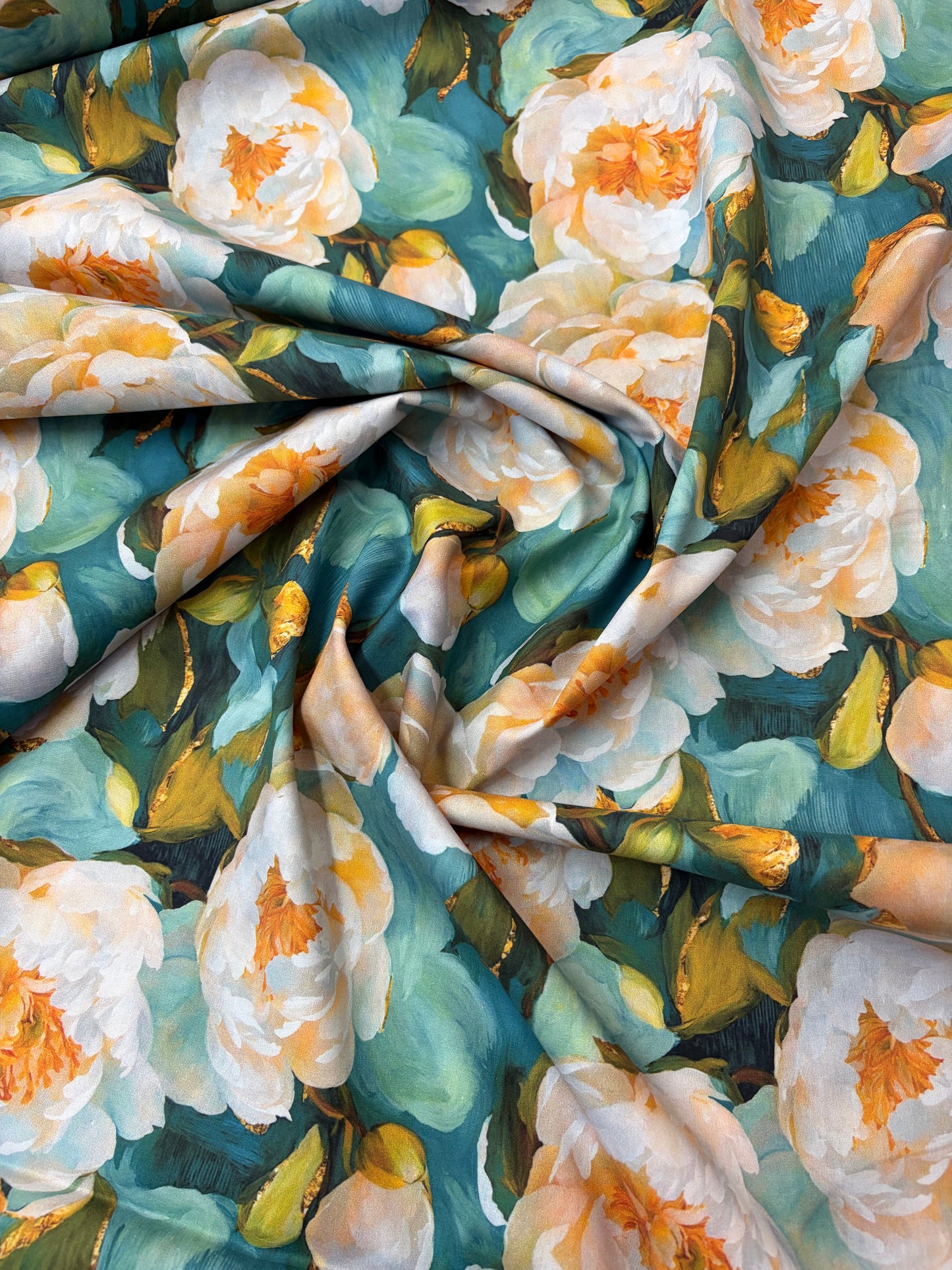 Bold Gold Peony 100% Cotton Fabric (price per 25cm)