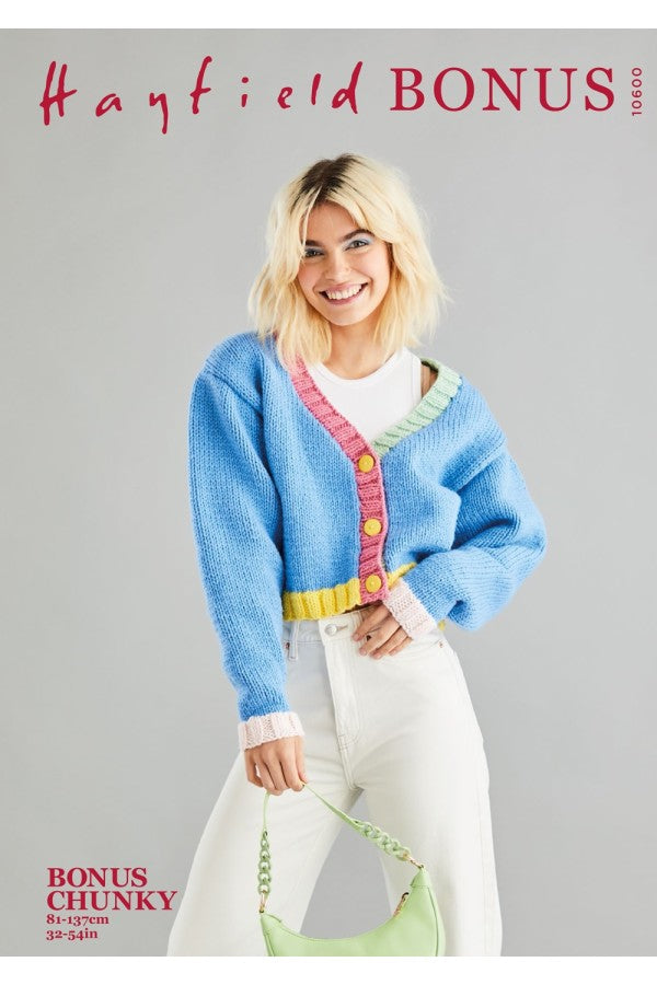 Hayfield Bonus Contrast Rib Cardigan Chunky Knitting Pattern 10600