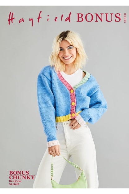 Hayfield Bonus Contrast Rib Cardigan Chunky Knitting Pattern 10600