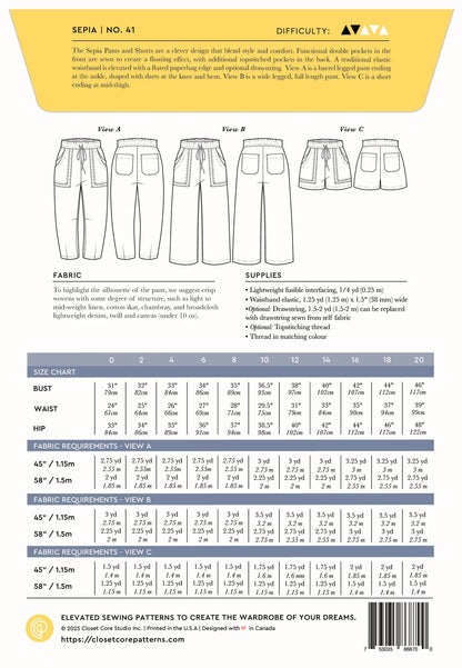 Closet Core Sepia No.41 Pants and Short Pattern (physical pattern)