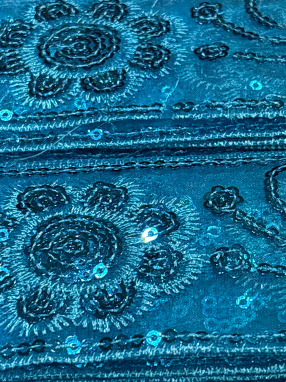 52mm Sequin Embroidered Trim - Turquoise / Black (Price per 25cm)