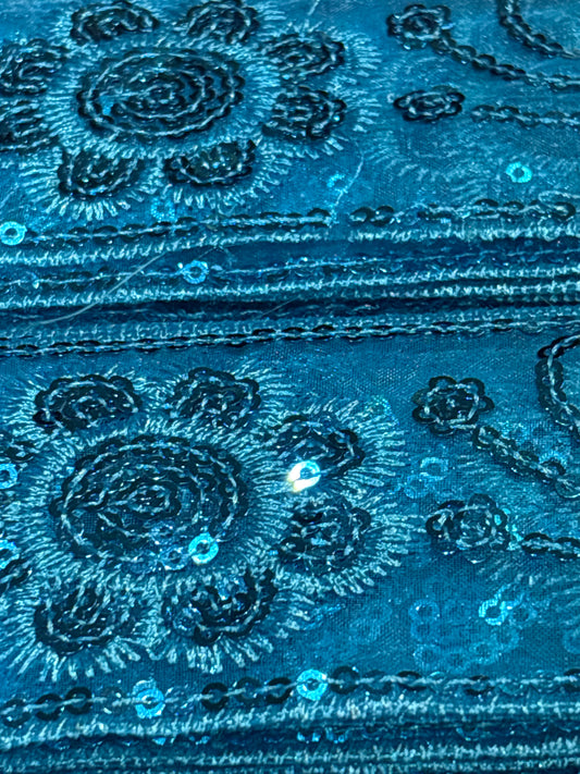 52mm Sequin Embroidered Trim - Turquoise (Price per 25cm)