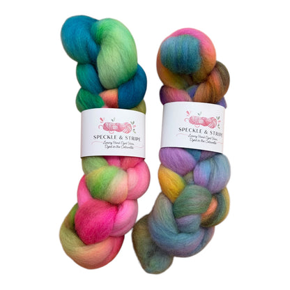 Speckle and Stripe Hand Dyed Combed Wool Top  approx 50g