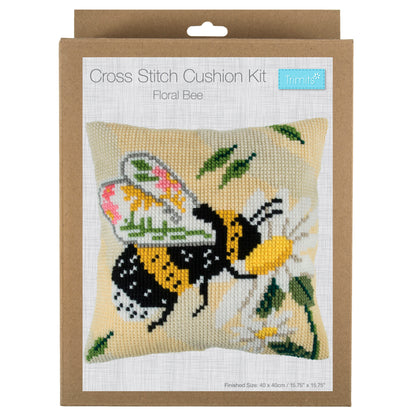 Trimits Cross Stitch Kit Printed Cushion Floral Bee