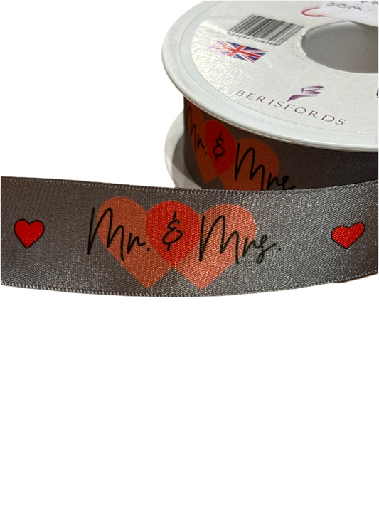 25mm Mr & Mrs Ribbon - Grey (Price per 25cm)