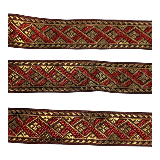 32mm Red and Gold Jacquard Ribbon Trim (Priced per 25cm)