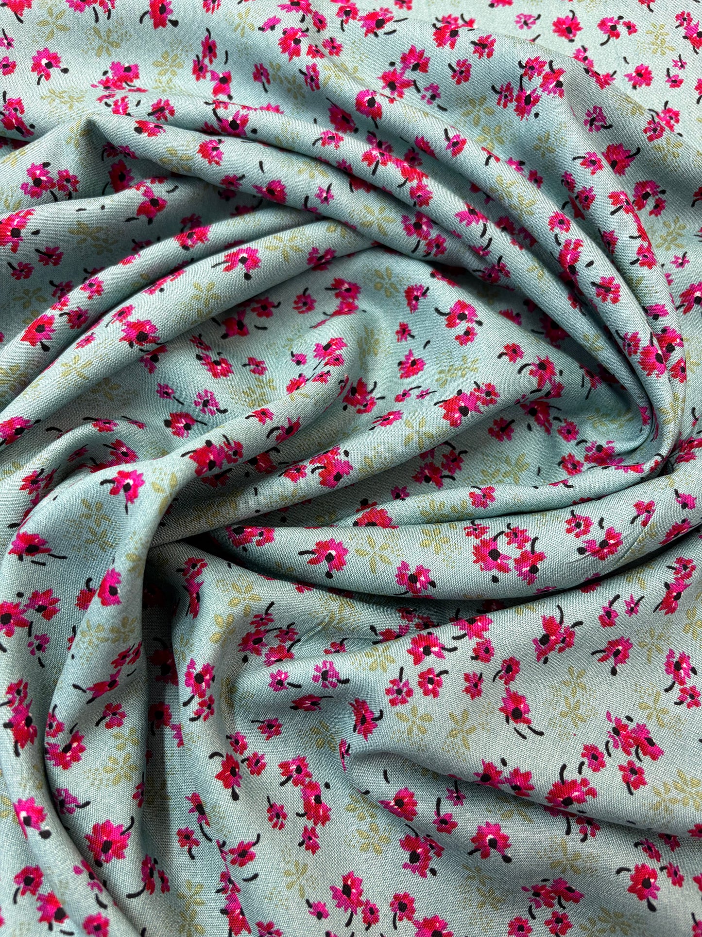 Mint and Cerise Ditsy Floral Viscose Challis Fabric (price per 25cm)