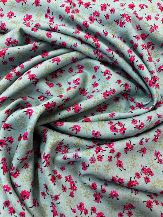 Mint and Cerise Ditsy Floral Viscose Challis Fabric (price per 25cm)