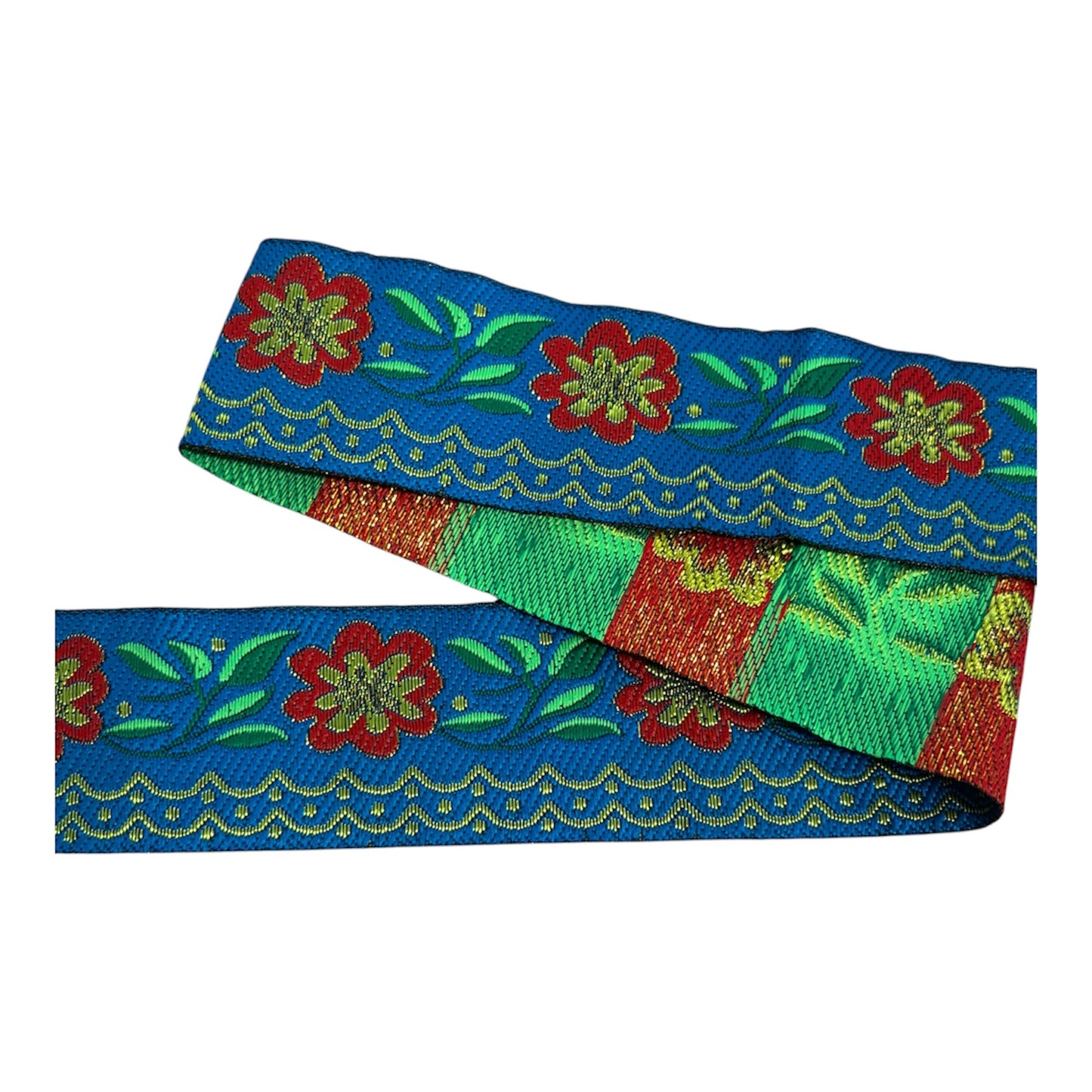 38mm Turquoise/ Red Floral Jaquard Ribbon Trim (Priced per 25cm)