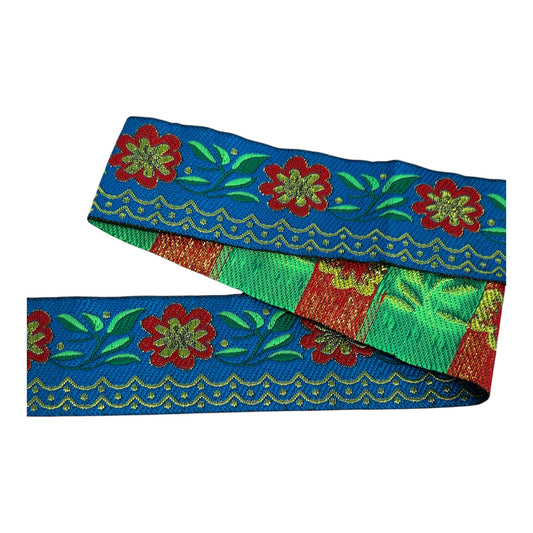 38mm Turquoise/ Red Floral Jaquard Ribbon Trim (Priced per 25cm)