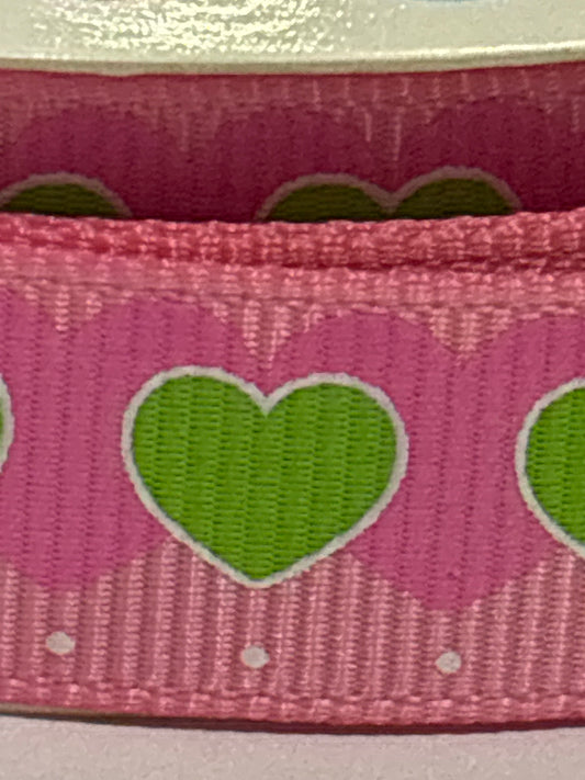 16mm Green Heart Pink Grosgrain Ribbon (Price per 25cm)