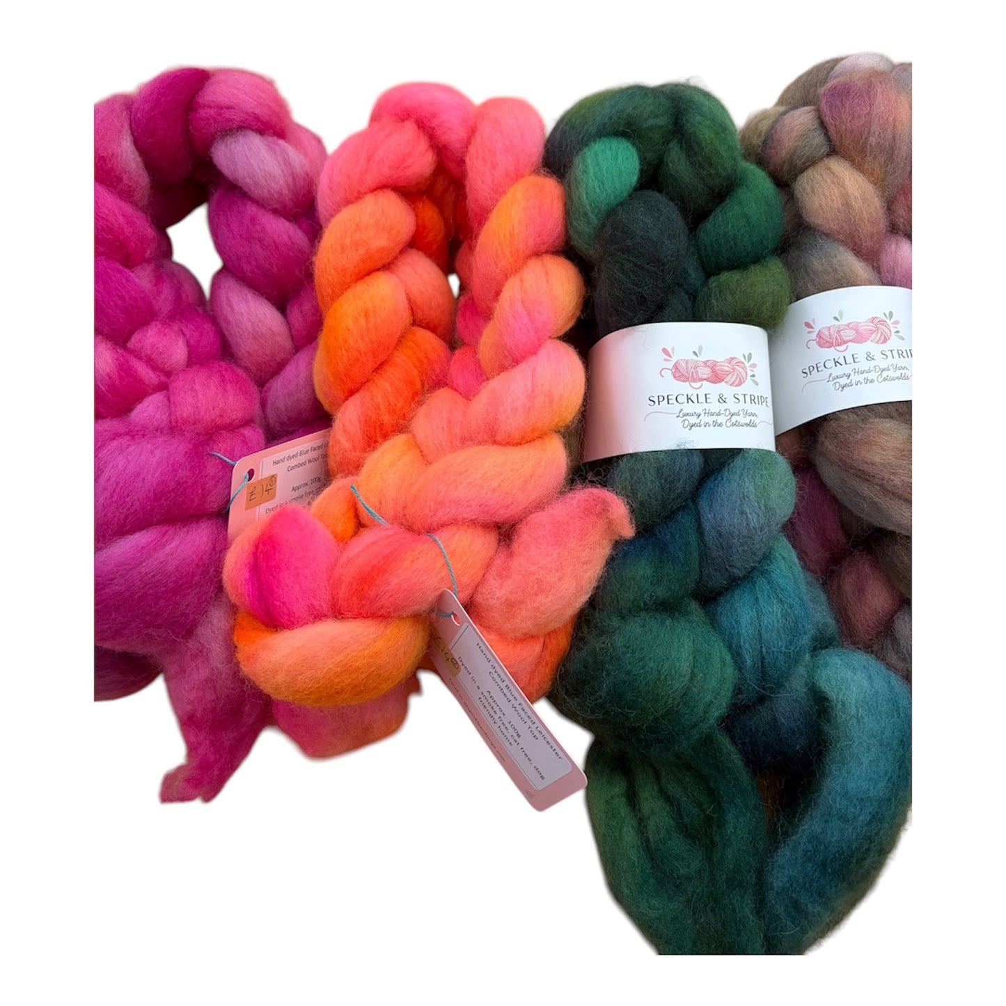 Speckle and Stripe Luxury Hand Dyed Combed Wool Top  approx 100g