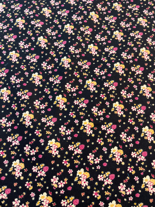 Ditsy Floral Black Babycord Fabric (Price Per 25cm)