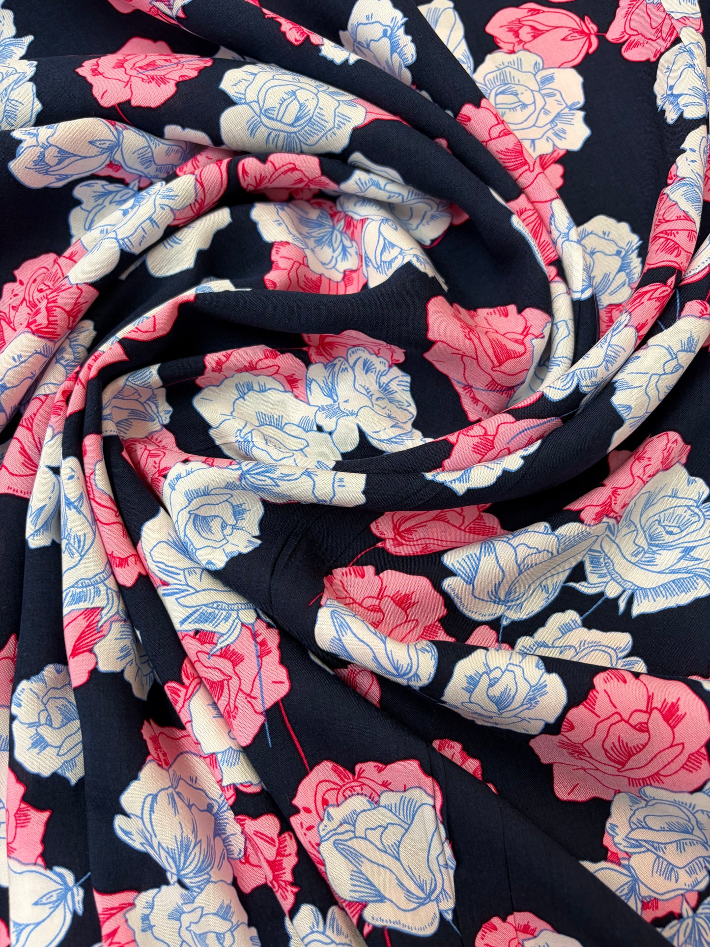 Pink and White Roses on Navy Viscose Challis Fabric (price per 25cm)
