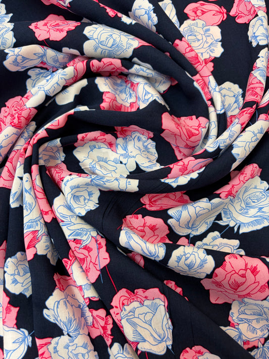 Pink and White Roses on Navy Viscose Challis Fabric (price per 25cm)