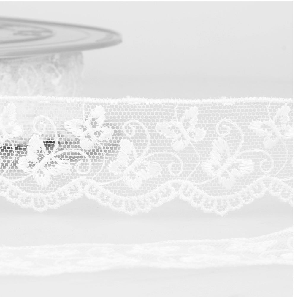 Stephanoise Butterfly Embroidered Tulle - White & Ivory (Price per 25cm)