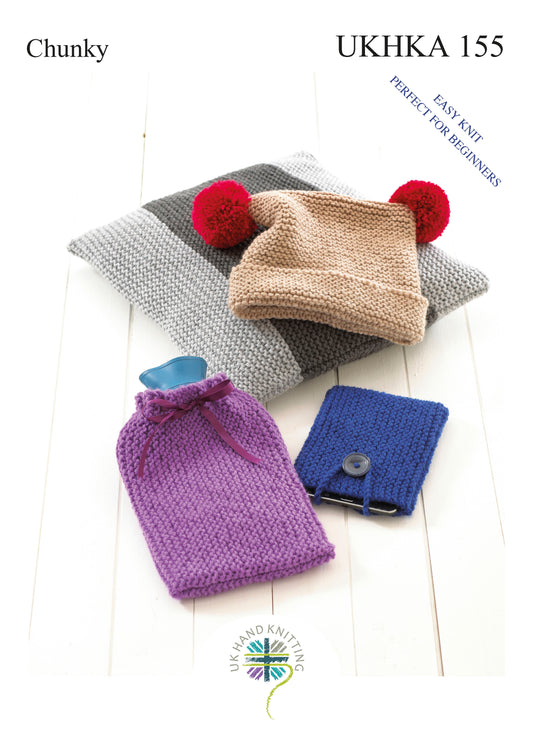 DK Knitting Pattern - Hat, Cushion, Hot Water Bottle & Phone Cover
