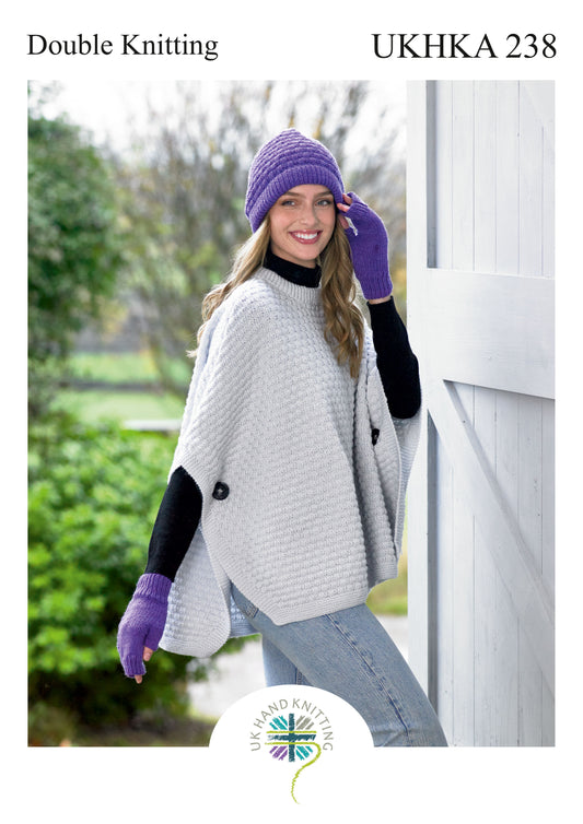 DK Knitting Pattern - Hat, Gloves and Poncho - UKHKA\238