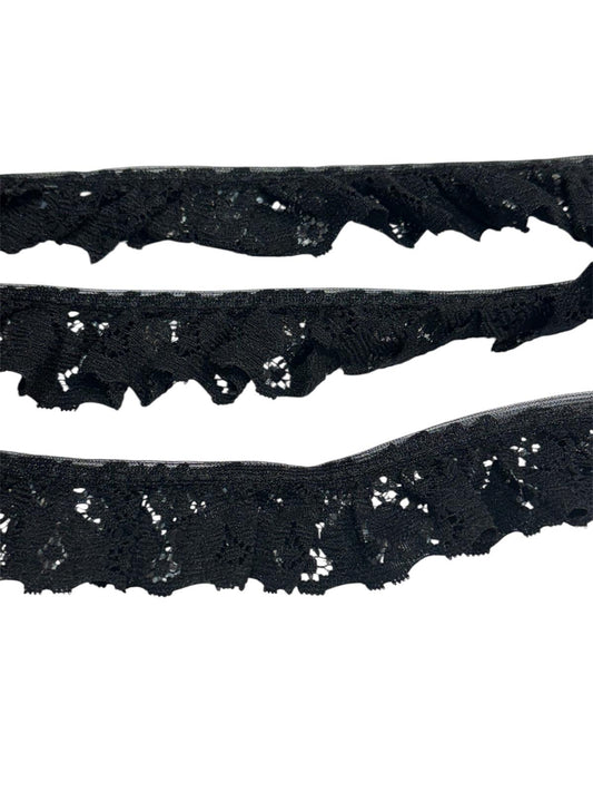 25mm Gathered Nylon Lace Trim - Black (Price per 25cm)